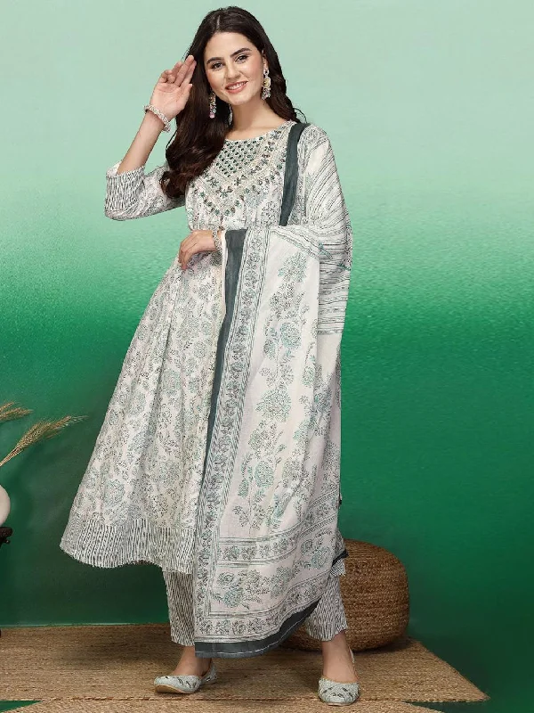 Sangria White & Green Floral Printed A-Line Kurta With Trouser & Dupatta Trousers Canvas Durable Sangria White & Green Floral Printed A-Line Kurta With Trouser & Dupatta Trousers Canvas Durable