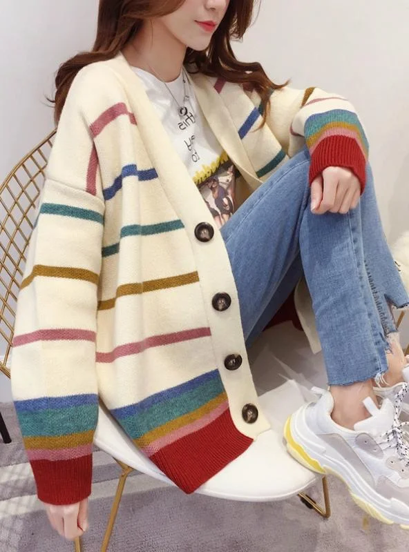 Women Loose Sweater Long Stripe Knit Cardigan Notch Collar Peter Pan Collar Cowl Neck Women Loose Sweater Long Stripe Knit Cardigan Notch Collar Peter Pan Collar Cowl Neck