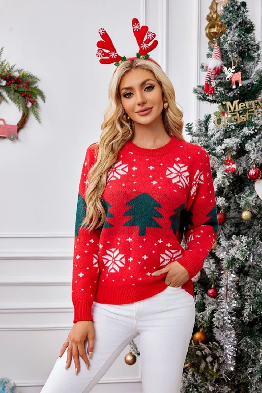 Hazel Blues® |  Christmas Tree Round Neck Long Sleeve Sweater Ribbed Striped Patterned