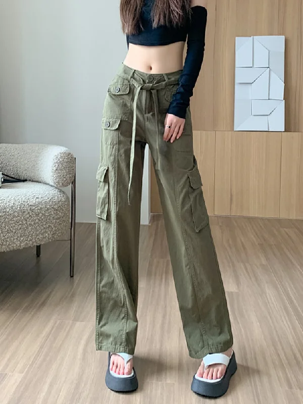 Vintage Cargo Pants Women Casual Pants Autumn New Women Clothing Belt Wide Leg Pants Straight Trousers Basic Soild Pants Women Trousers Occasion Special