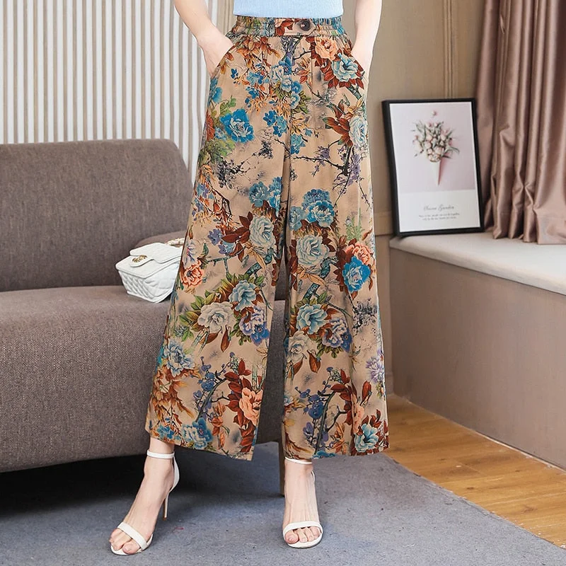 Summer Wide Leg Pants Women Loose High Waist Beach Ankle-Length Trousers Summer Casual Retro Print Plaid Pants Trousers Travel Practical