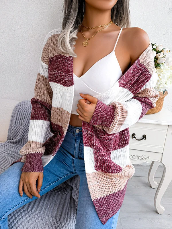 Striped Open Fornt Knit Cardigan Spandex Blend Rayon Blend Denim Blend