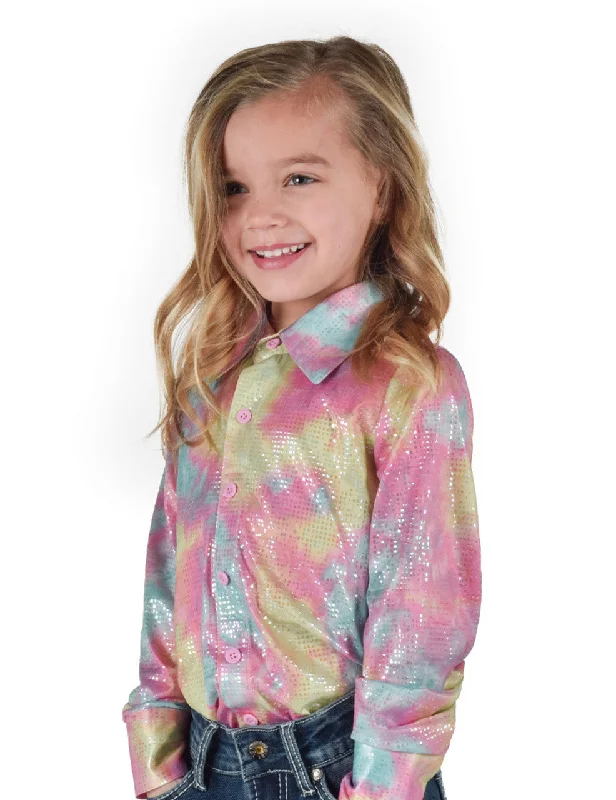 Girls Pullover Button Up (Multicolor Cotton Candy Print Lightweight Stretch Jersey) Plunging Neck Pullover