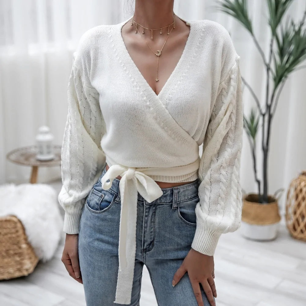 DEWADBOW 2021 Spring Autumn V-Neck Bandage Cross Wrap Women's Knitted Sweaters Stretchy Elastic Breathable