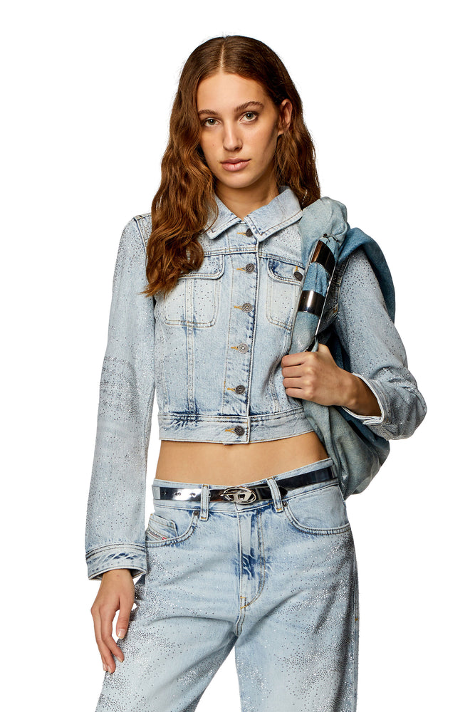 Trucker jacket in micro-crystal denim Notch Collar Peter Pan Collar Cowl Neck