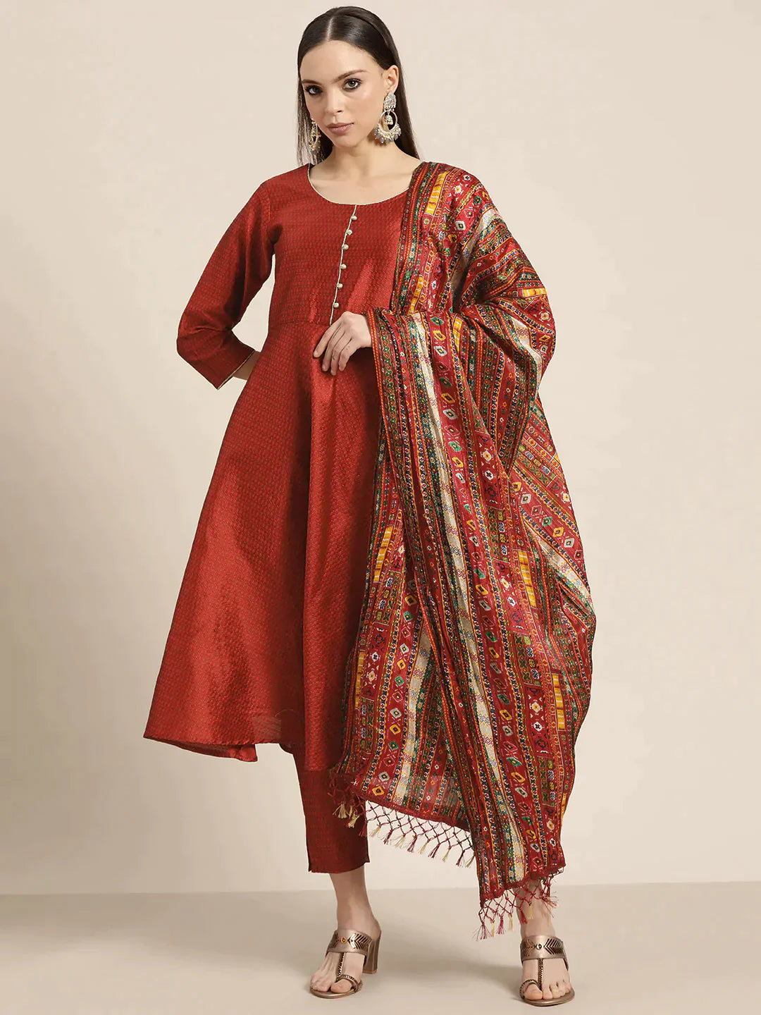 Women Dupion Silk Jacquard Kurta With Trousers & Dupatta Maroon - Rasiya Trousers Cargo pockets