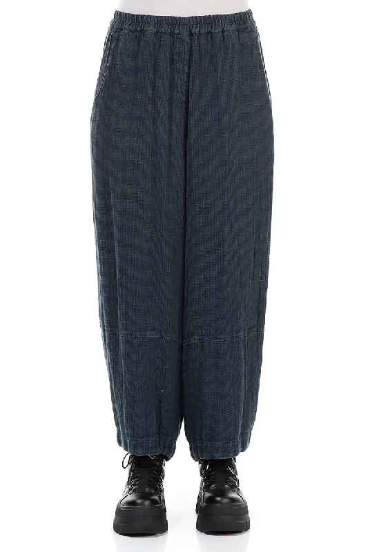 Loose Midnight Blue Textured Linen Trousers Trousers Sale Discount