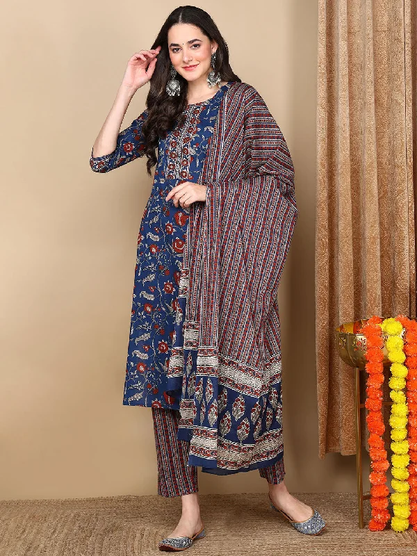 Women's Blue Rayon Blend Floral Printed Straight Kurta Trousers With Dupatta - Ahika Trousers versatile functional