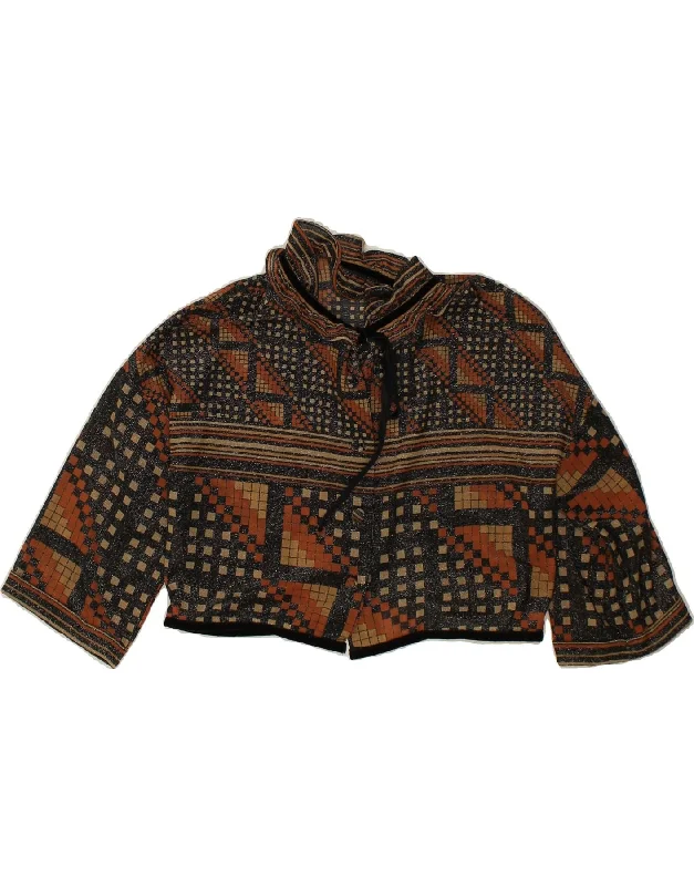 VINTAGE Womens Crop Cardigan Top IT 48 XL Brown Geometric Handmade Hand-knitted Hand-woven