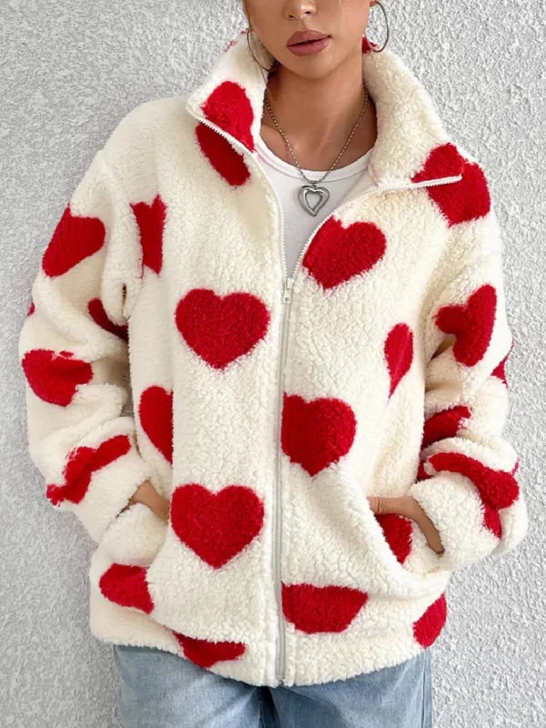 Hazel Blues® | Heart Zip Up Drop Shoulder Furry Jacket Welt Pockets Slit Pockets Flap Pockets Hazel Blues® | Heart Zip Up Drop Shoulder Furry Jacket Welt Pockets Slit Pockets Flap Pockets
