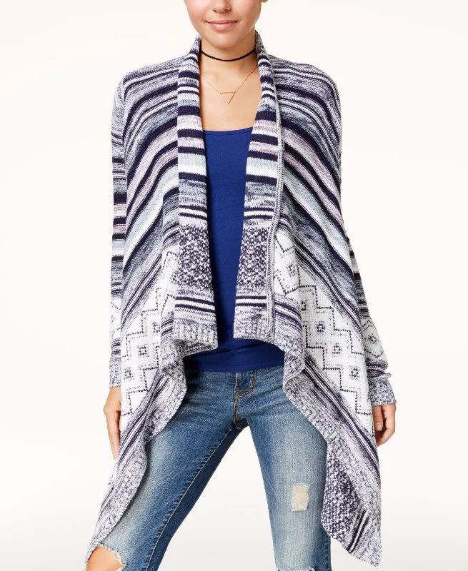 Almost Famous Juniors Asymmetrical Hem Jacquard Cardigan Mesh Fabric Canvas Fabric Denim Fabric