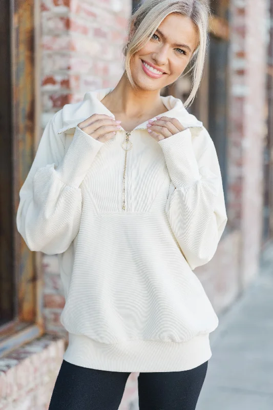 Today's The Day Cream White Quarter Zip Pullover Boat Neck Sweater