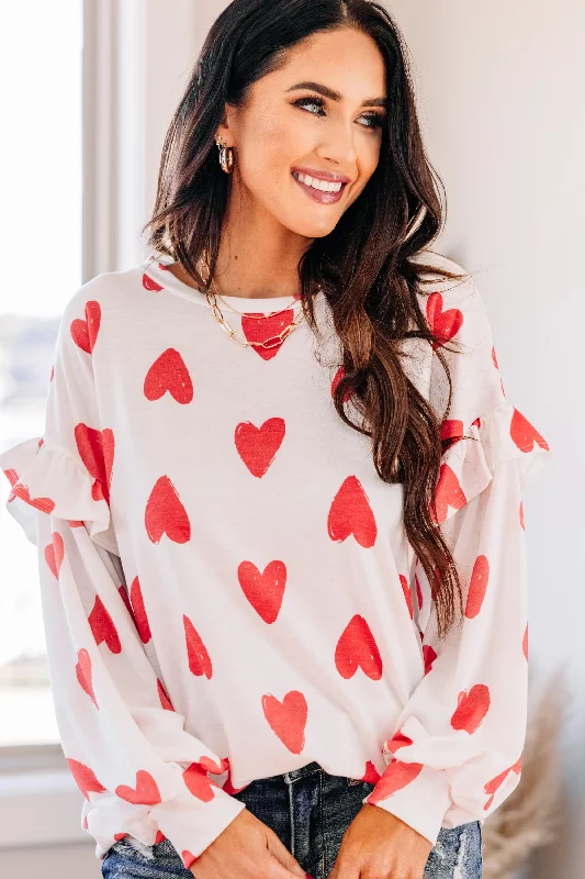 Adorable Destinations White Heart Print Ruffled Pullover Fleece Warm Pullover