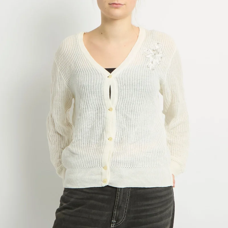 Open Knit Embroidery Detail Cardigan - UK 16 Transparent Opaque Sheer