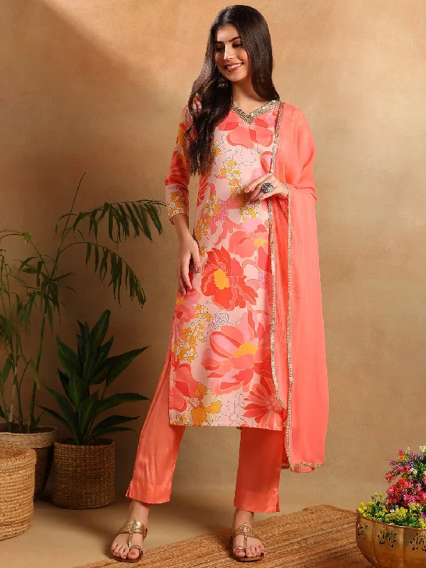 Women's Peach Rayon Blend Floral Printed Straight Kurta Trouser With Dupatta - Ahika Trousers cozy comfortable