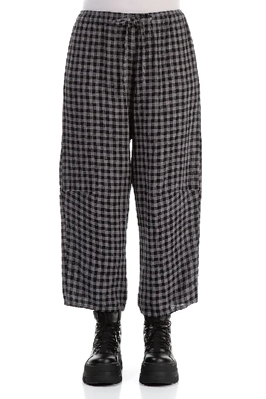 Tie Up Grey Check Linen Trousers Trousers Flared Retro