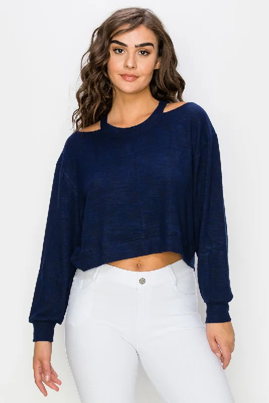 Cropped Heather Knit Cold Shoulder Sweater Oversized Loose Flowy