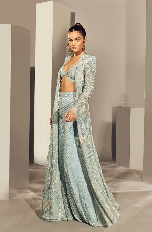 Husniya Blue Sharara Set With Jacket Herringbone Jacket Checkered Jacket Solid Jacket Husniya Blue Sharara Set With Jacket Herringbone Jacket Checkered Jacket Solid Jacket