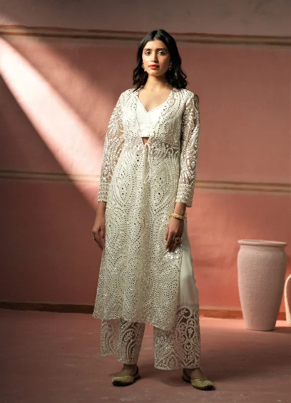 Long Full Sleeves Embellished Tassled Jacket In White Net Mirrorwork Front Pockets Side Pockets Patch Pockets Long Full Sleeves Embellished Tassled Jacket In White Net Mirrorwork Front Pockets Side Pockets Patch Pockets