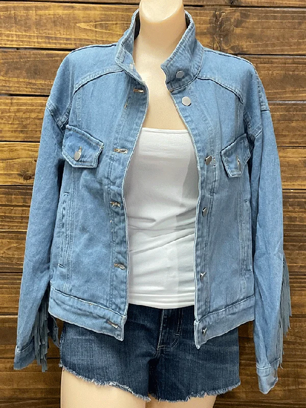 Fate FJ4302 Womens Fringe Denim Jacket Light Medium Wash Oversized Jacket Tailored Jacket Straight Jacket Fate FJ4302 Womens Fringe Denim Jacket Light Medium Wash Oversized Jacket Tailored Jacket Straight Jacket