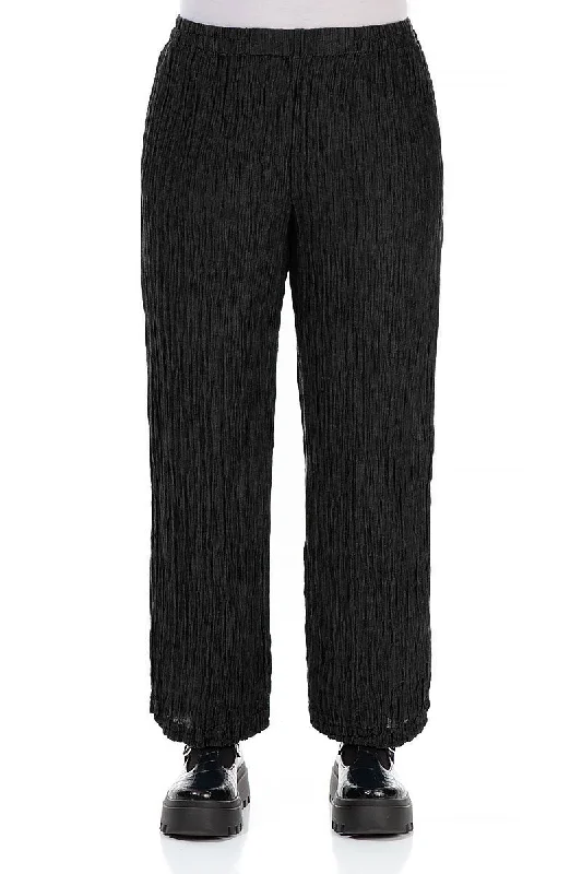 Straight Crinkled Black Silk Trousers Trousers Solid Black