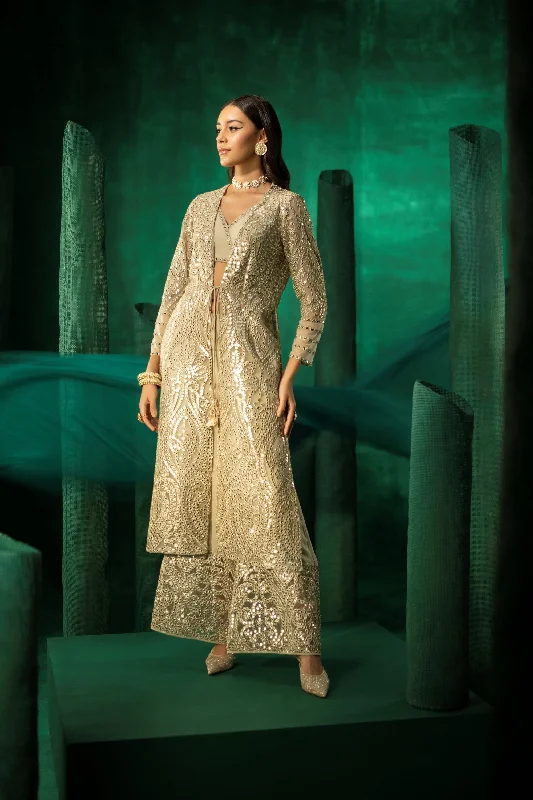 Long Full Sleeves Embellished Tassled Jacket With White Net Mirrorwork Welt Pockets Slit Pockets Flap Pockets Long Full Sleeves Embellished Tassled Jacket With White Net Mirrorwork Welt Pockets Slit Pockets Flap Pockets