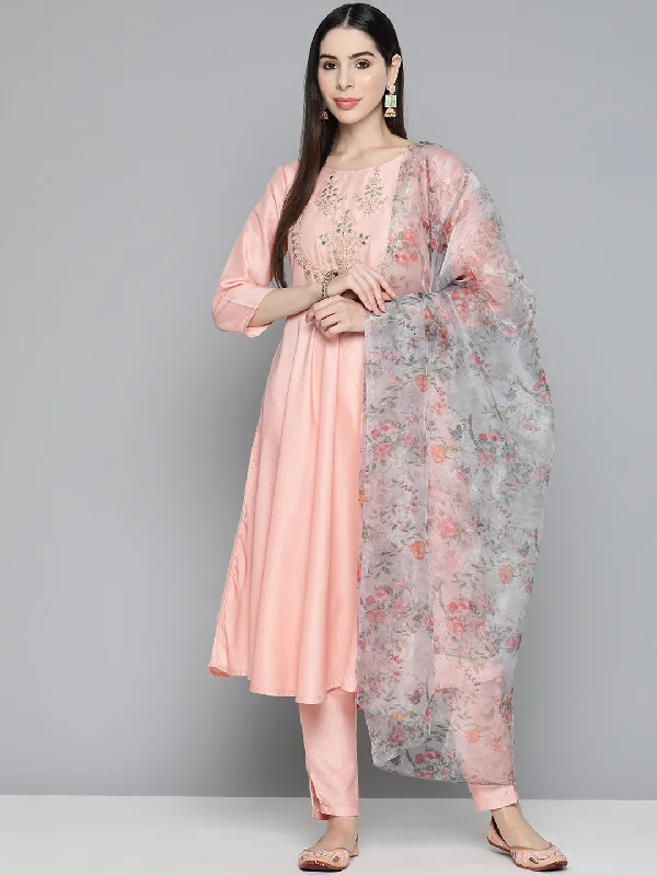 Peach Floral Embroidered Mirror Work Kurta With Trousers & With Dupatta - Rasiya Trousers Denim Blue