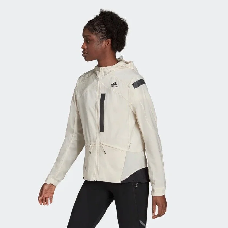 adidas Womens Running Jacket Marathon Hood Ladies Coat Off White Water Repellent Oversized Jacket Tailored Jacket Straight Jacket