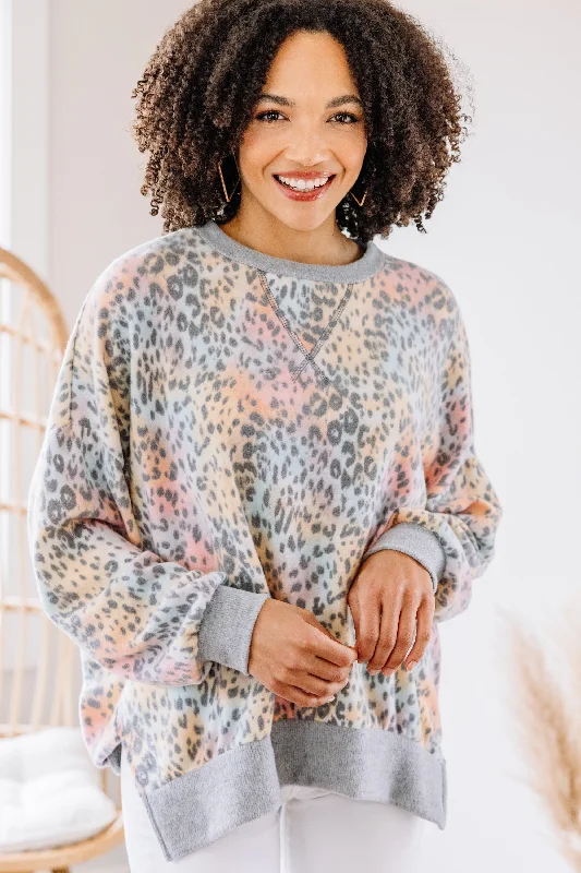 To The Point Pink Leopard Pullover Asymmetrical Neck Pullover