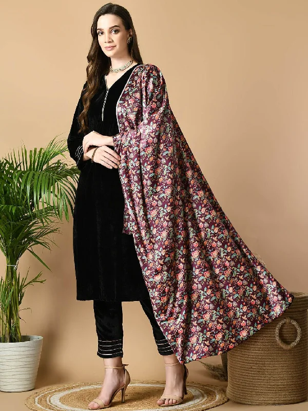 Sangria Maroon V-Neck Straight Velvet Kurta with Trousers With Dupatta Trousers Gym Athletic Sangria Maroon V-Neck Straight Velvet Kurta with Trousers With Dupatta Trousers Gym Athletic