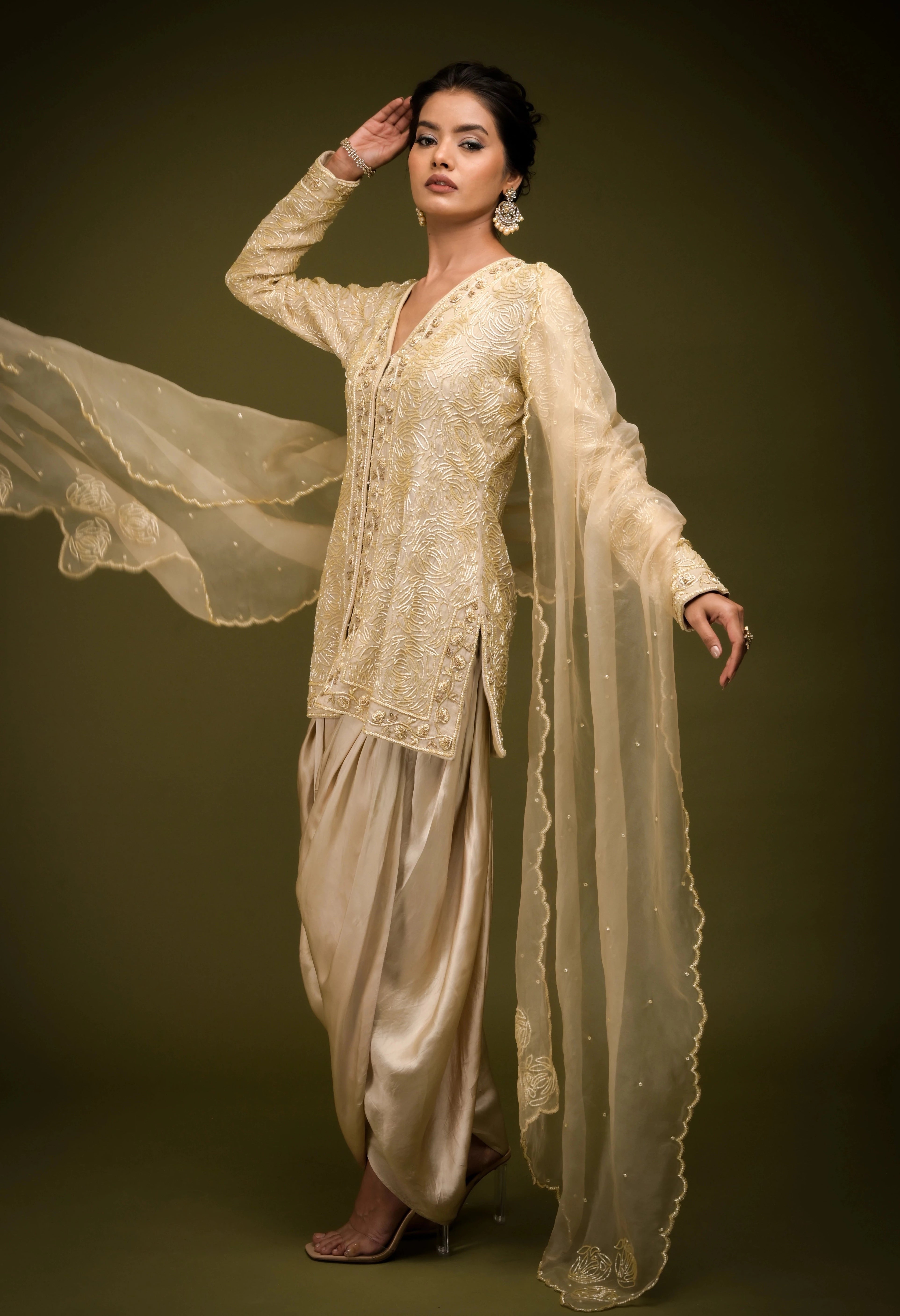 Ivory Beige Embroidered Jacket Kurta Set Nylon Jacket Polyester Jacket Spandex Jacket