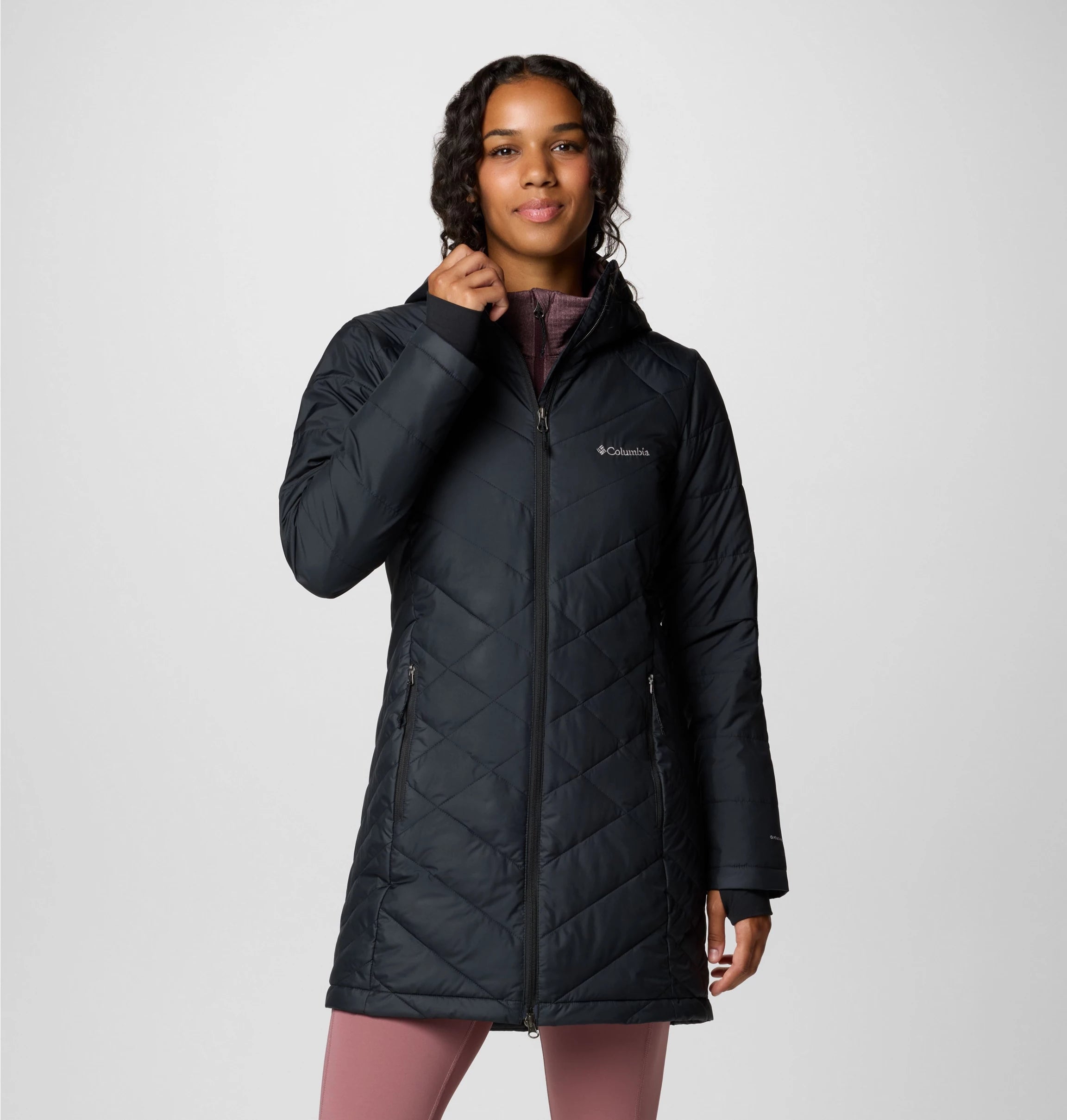 Columbia Women's Heavenly Long Hooded Jacket - Black Front Pockets Side Pockets Patch Pockets