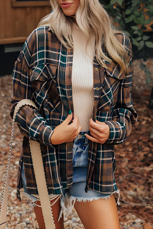 Hazel Blues® | Plaid Collared Neck Button Up Jacket Boat Neck Shawl Collar Notched Collar Hazel Blues® | Plaid Collared Neck Button Up Jacket Boat Neck Shawl Collar Notched Collar