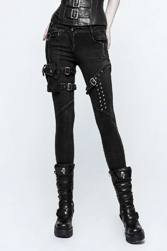 Black Removable Pocket Buttonhole Trim Skinny Stretch Denim Women's Punk Trouser Trousers Fall Fleece Black Removable Pocket Buttonhole Trim Skinny Stretch Denim Women's Punk Trouser Trousers Fall Fleece
