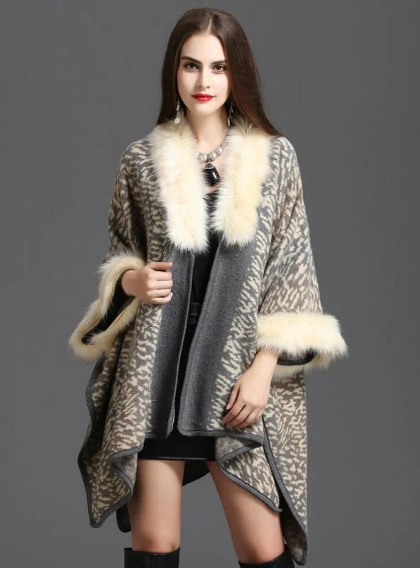FOX LIKE FUR COLLAR PRINTED KNITTED CARDIGAN SHAWL CAPE Front Pockets Side Pockets Patch Pockets FOX LIKE FUR COLLAR PRINTED KNITTED CARDIGAN SHAWL CAPE Front Pockets Side Pockets Patch Pockets