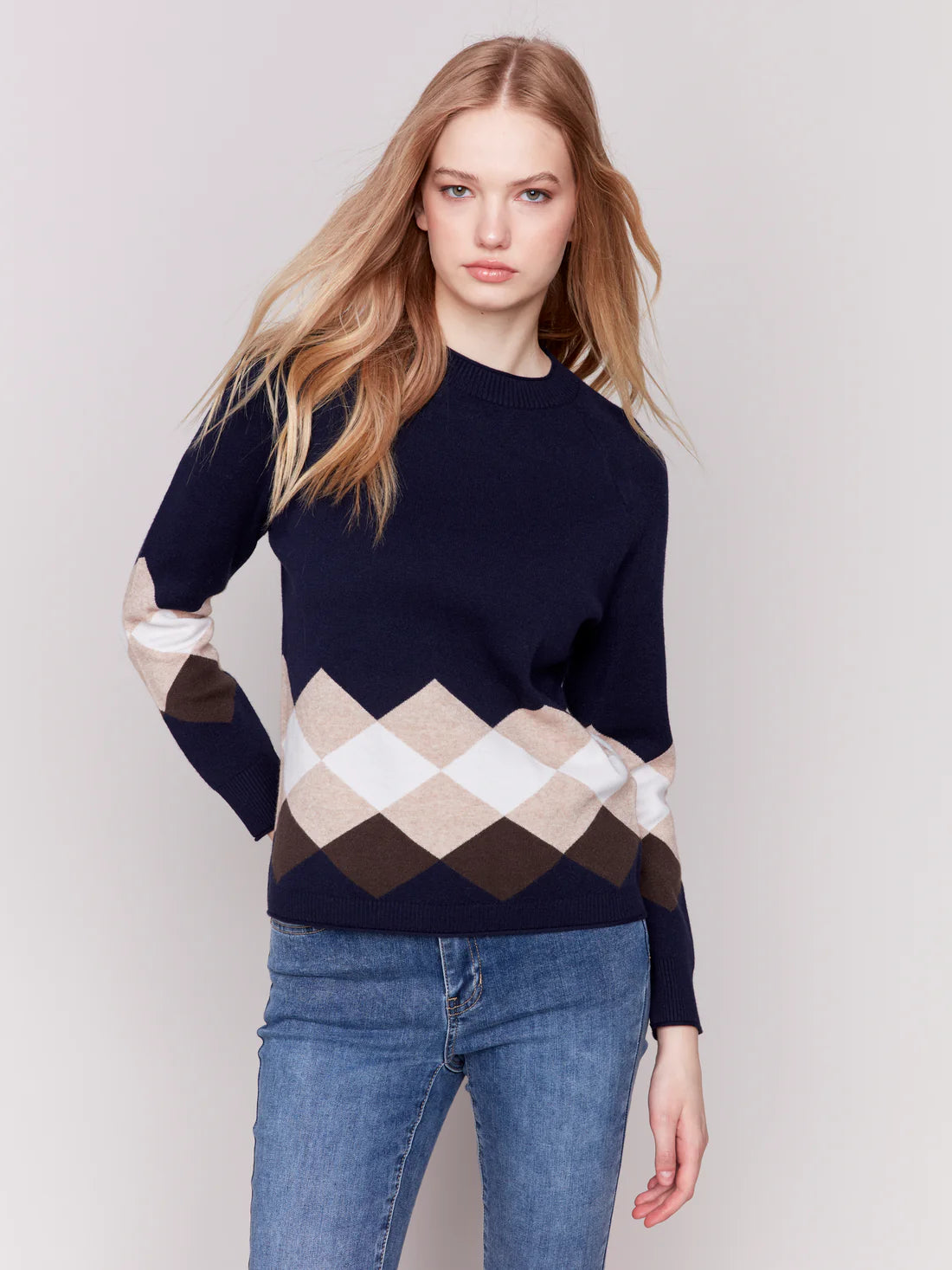 Plushy Jacquard Argyle Sweater with Raglan Sleeve Denim Fabric Leather Fabric Suede Fabric