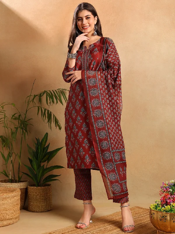 Women's Brown Rayon Blend Floral Printed Straight Kurta Trouser With Dupatta - Ahika Trousers Recommended Stylist