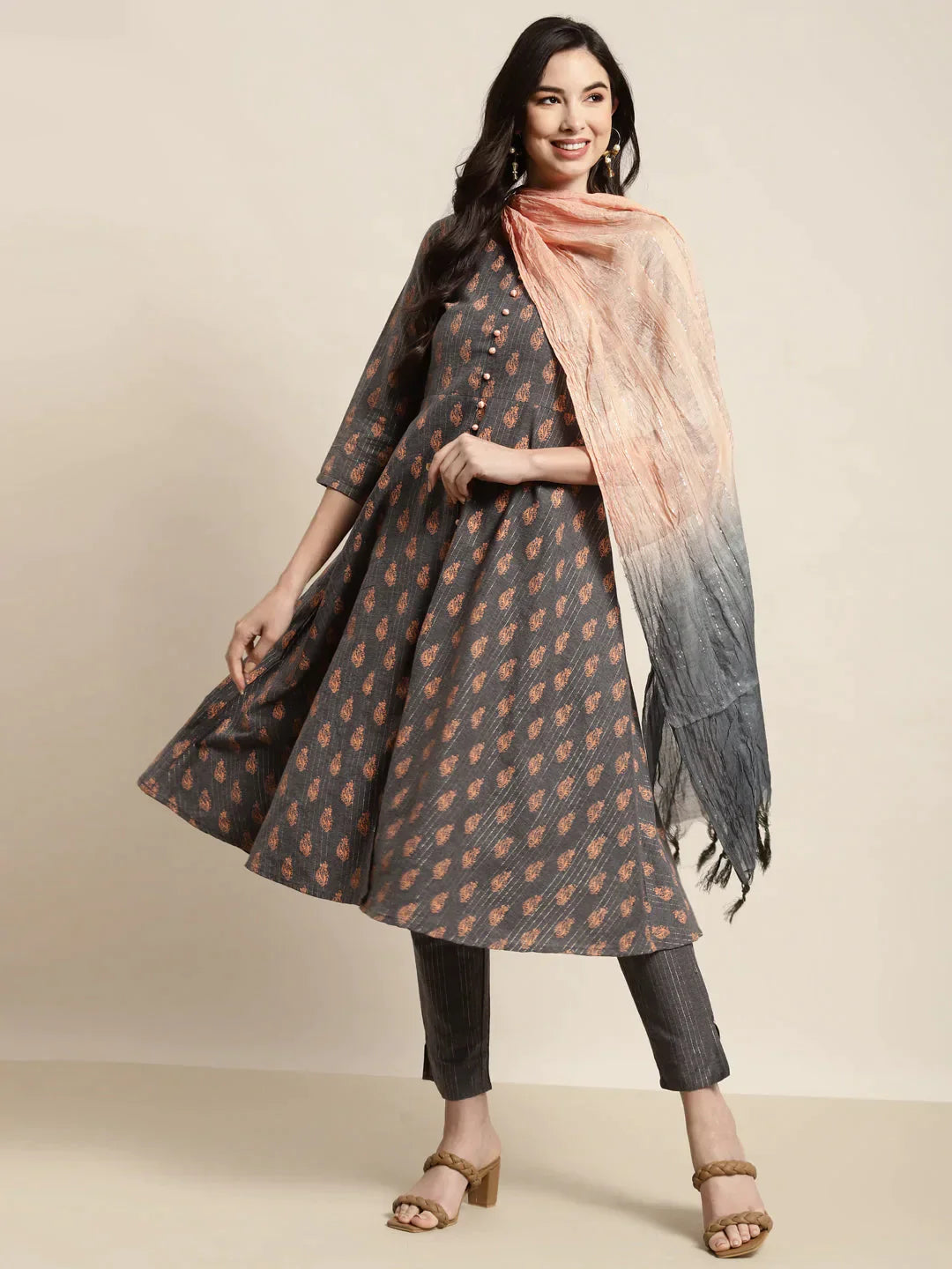 Printed Kurta With Trousers & With Dupatta Grey - Rasiya Wide Leg Loose Fit Mid Waist