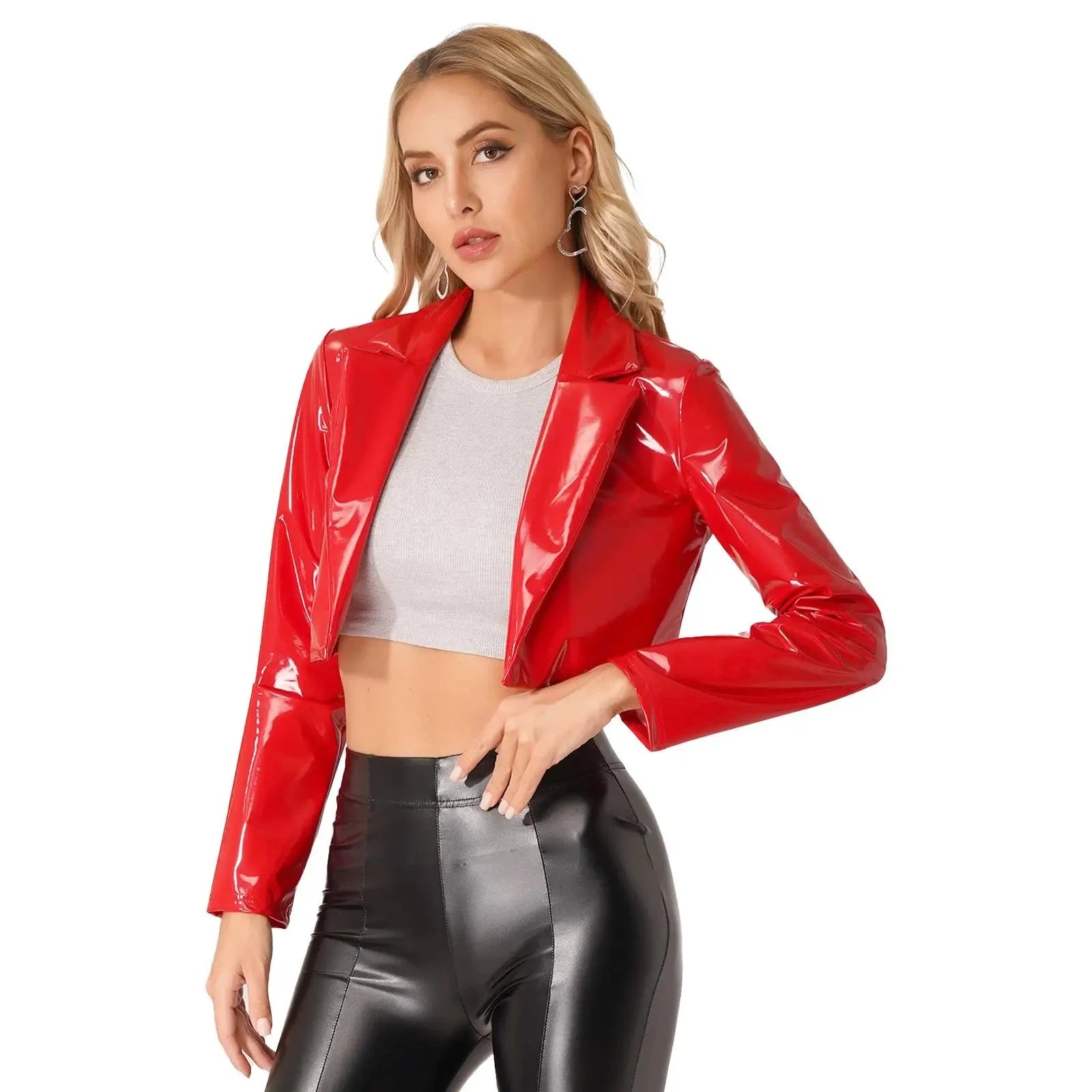 Women's Glossy Leather Jacket Wetlook Blazer with Lapels Short Jacket Latex Leather Long Sleeve Cropped Coat Rave Party Clubwear Wool Jacket Cashmere Jacket Tweed Jacket