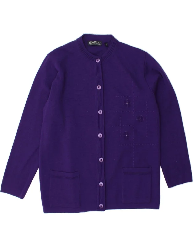 CASTLE OF IRELAND Womens Cardigan Sweater UK 12 Medium Purple Virgin Wool Open Front Closed Front Wrap Front CASTLE OF IRELAND Womens Cardigan Sweater UK 12 Medium Purple Virgin Wool Open Front Closed Front Wrap Front
