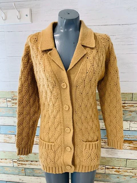 70s Light Brown Cardigan Herringbone Houndstooth Plaid