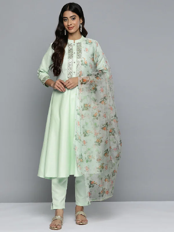 Embroidered Mirror Work Kurta With Trousers & Dupatta Green - Rasiya Trousers Elastic Waist Soft