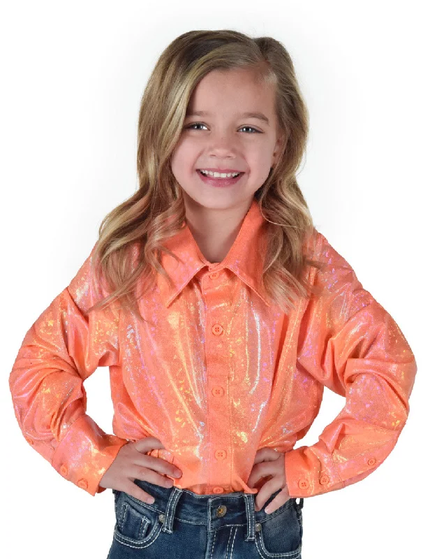 Girls Pullover Button Up (Tangerine With Foil Lightweight Stretch Jersey) Polo Neck Sweater