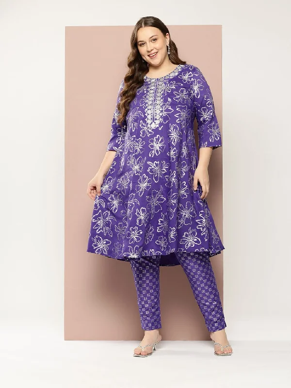 Sztori Plus Size Floral Printed Yoke Design Kurta with Trousers Trousers cozy comfortable