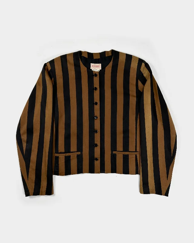 Kenzo Brown & Black Stipes Colarless Jacket 1990's Toggled Jacket Drawstring Jacket Belted Jacket