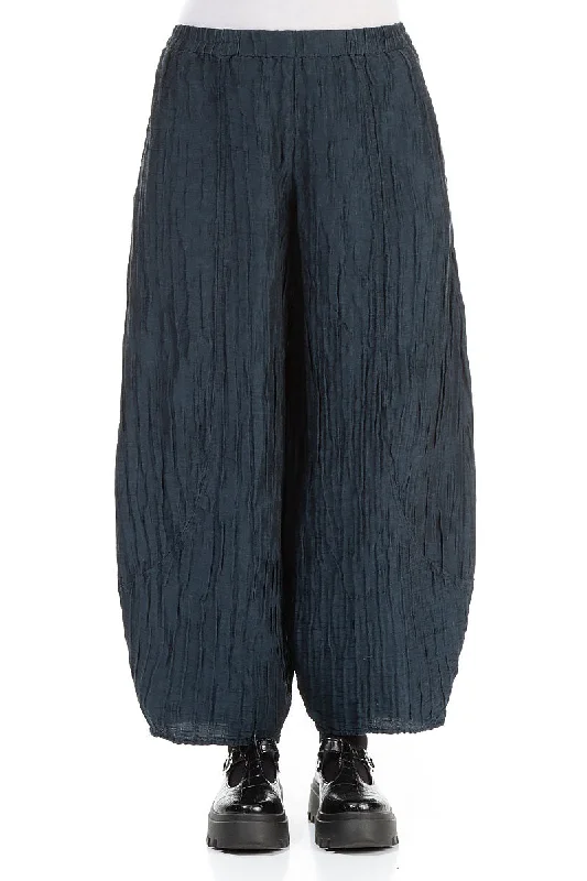 Taper Crinkled Midnight Blue Silk Linen Trousers Trousers luxurious premium