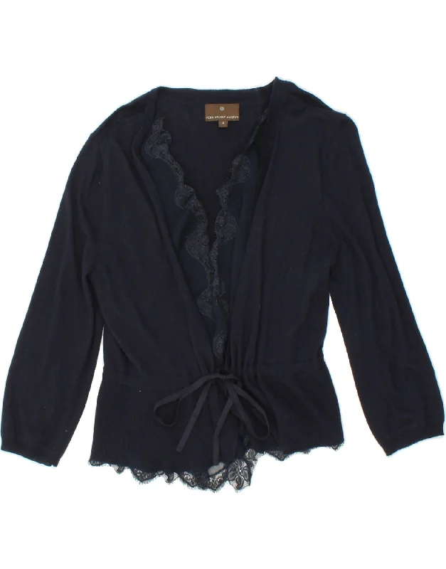 FENN WRIGHT MANSON Womens Crop Cardigan Sweater UK 14 Medium Navy Blue Beaded Cardigan Sequined Faux Fur FENN WRIGHT MANSON Womens Crop Cardigan Sweater UK 14 Medium Navy Blue Beaded Cardigan Sequined Faux Fur