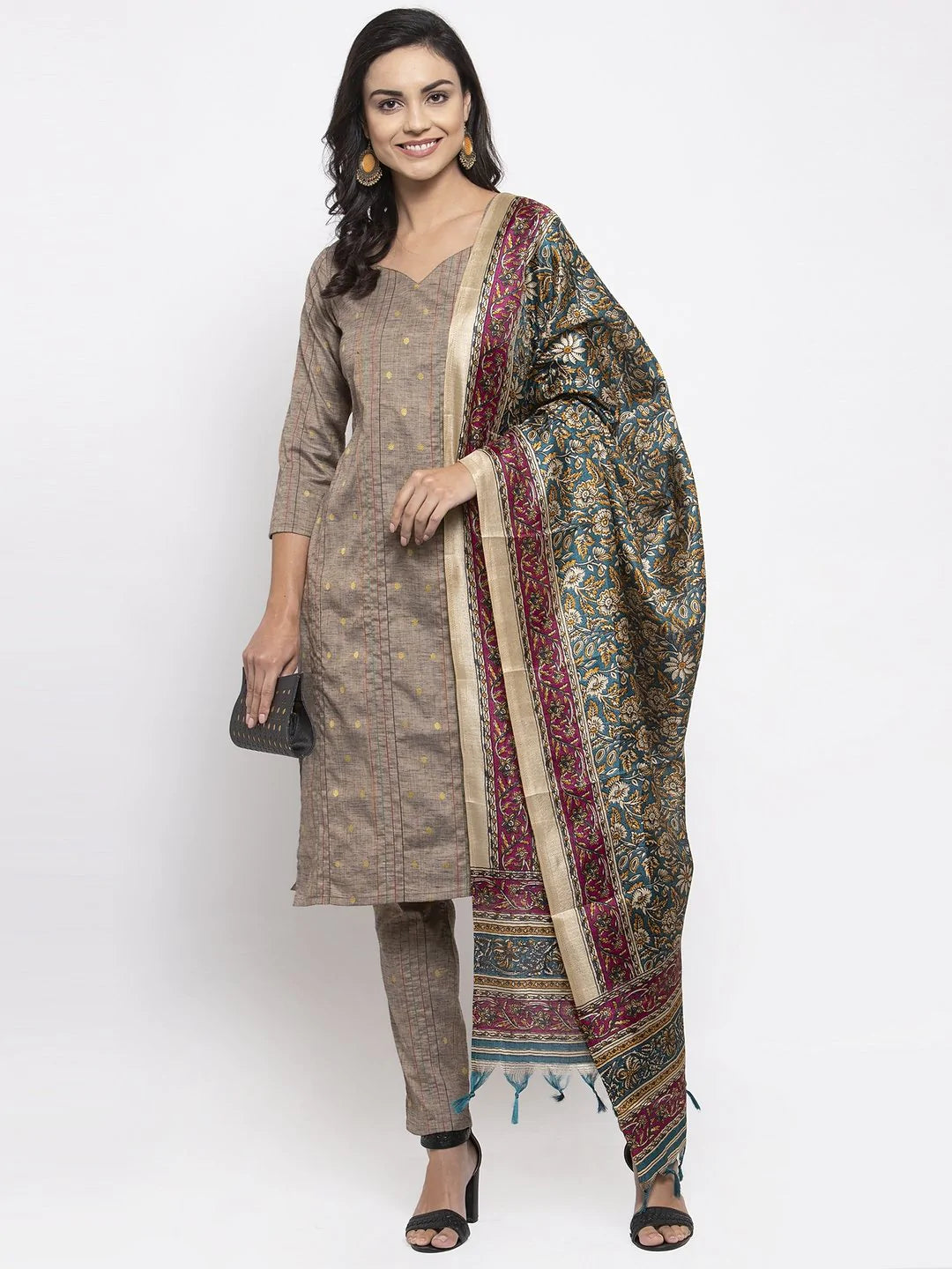 Women Grey Striped Kurta With Trousers & Green Printed Dupatta - Rasiya Trousers Print Floral