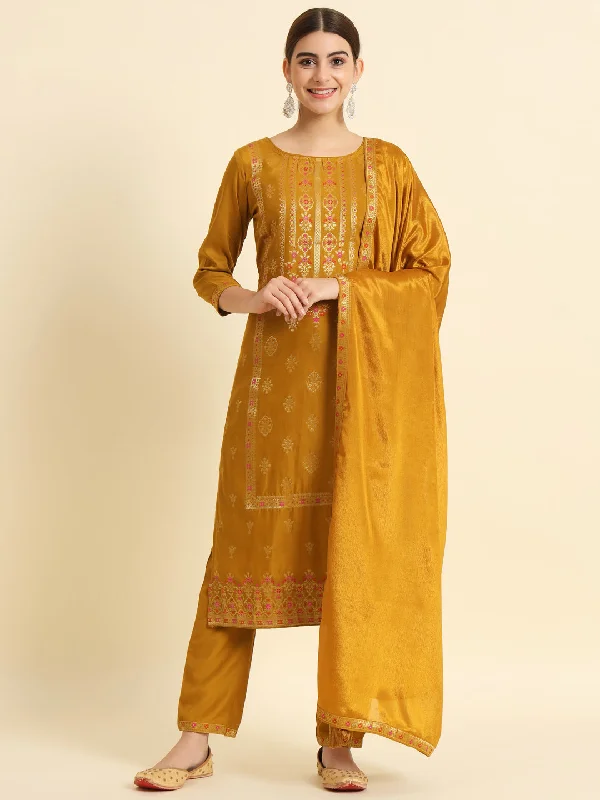 Women Round Neck Gold Zari Woven Fabric Kurta Trouser And Dupatta Set - Taantav Trousers Prom Sequined Women Round Neck Gold Zari Woven Fabric Kurta Trouser And Dupatta Set - Taantav Trousers Prom Sequined