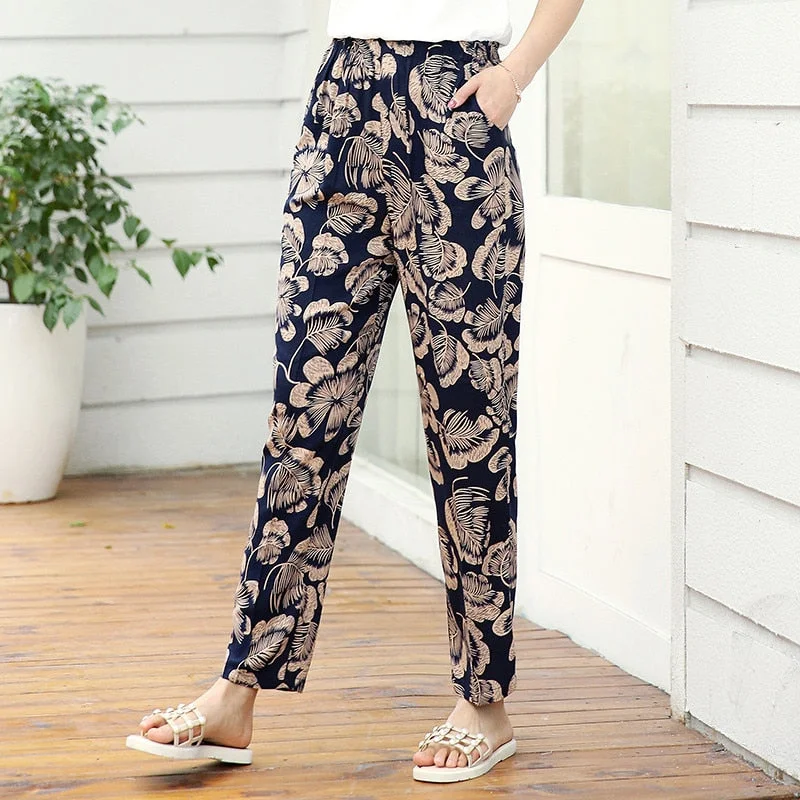 2023 Summer Casual Pencil Pants Women Bottoms Vintage High Waist Pants with Print Elastic Waist Middle Aged Women Trousers Trousers Wedding White